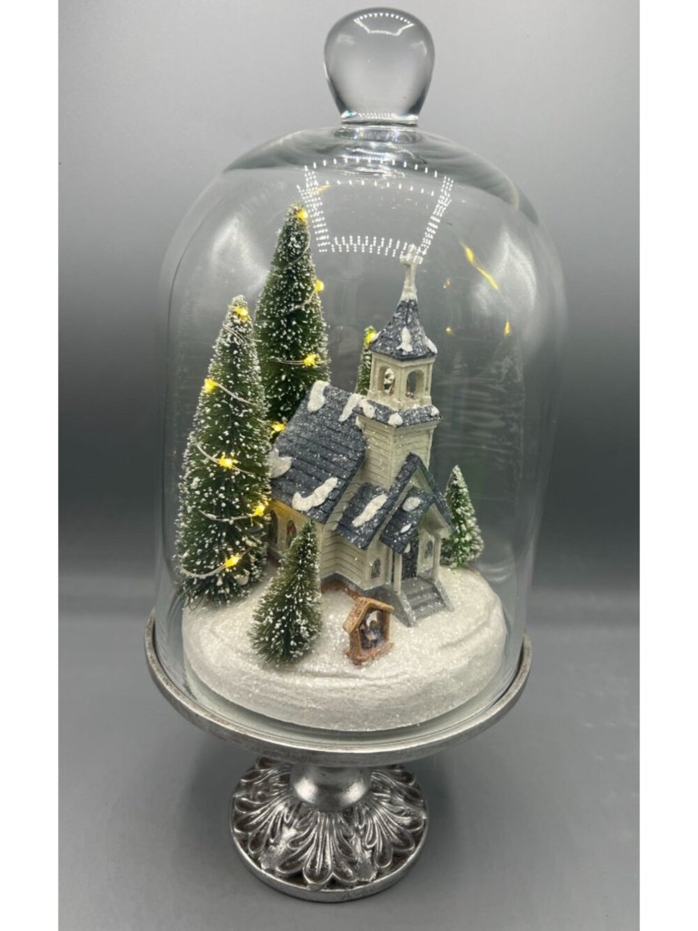 Illuminated Winter Church Under Glass Cloche Pedestal Valerie Parr Hill 13" Tall